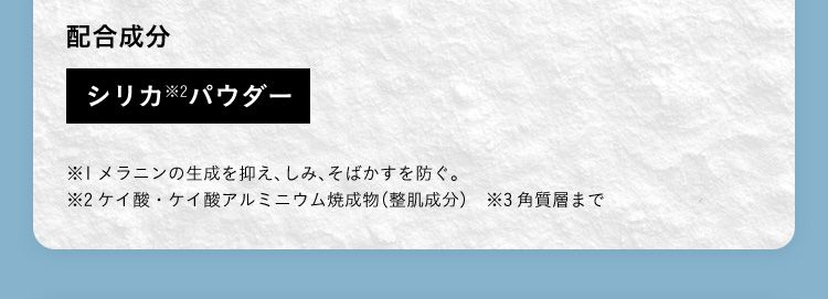 配合成分 シリカパウダー ※1メラニンの生成を抑え、しみ、そばかすを防ぐ。 ※2角質層まで