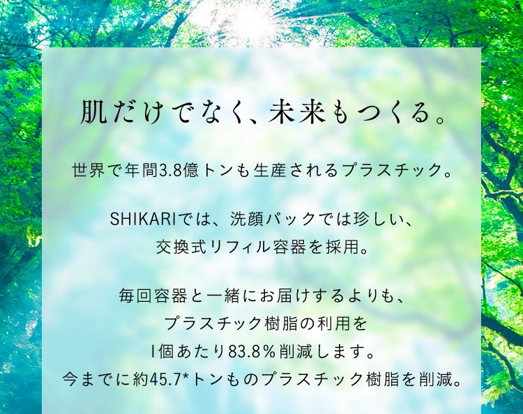 肌だけでなく、未来もつくる。年間3.8億トンも生産されるプラスチック。SHIKARIでは、洗顔パック容器では珍しい、交換式リフィル容器を採用。毎回容器と一緒にお届けするよりも、プラスチック樹脂の利用を1個あたり83.8%削減します。今までに約33トンものプラスチック樹脂を削減。