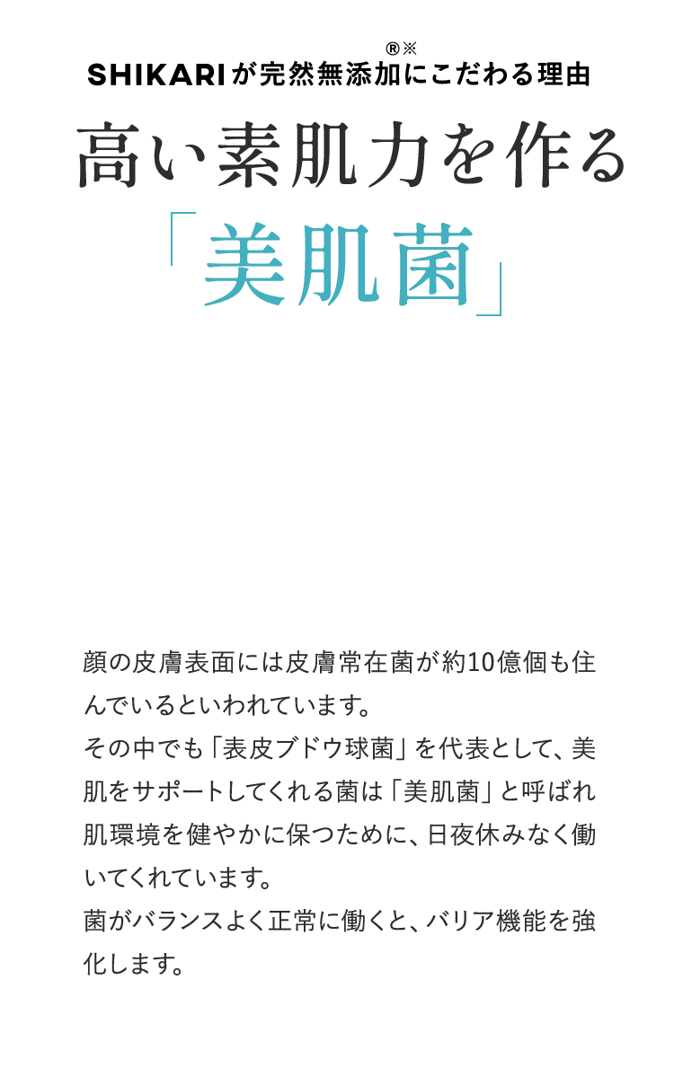 SHIKARIが完然無添加にこだわる理由高い素肌力を作る美肌菌 ® 顔の皮膚表面には皮膚常在菌が約10億個もんでいるといわれています。その中でも 「表皮ブドウ球菌」を代表として、美肌をサポートしてくれる菌は 「美肌菌」 と呼ばれ肌環境を健やかに保つために、日夜休みなく働いてくれています。菌がバランスよく正常に働くと、バリア機能を強化します。
